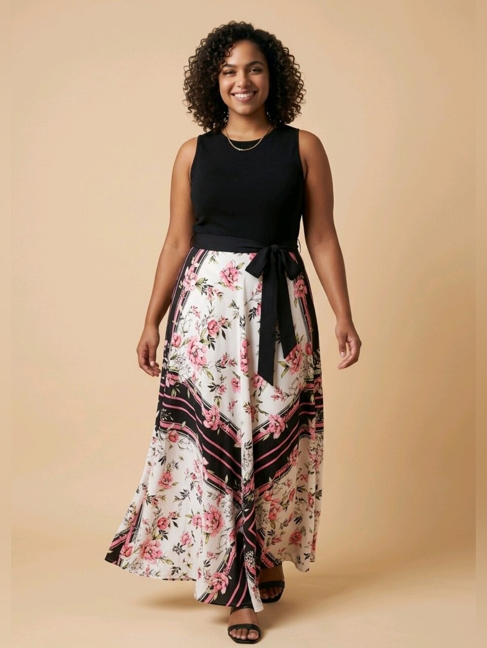INC International Concepts Black-Bodice Floral Maxi Skirt with Black Waist Tie